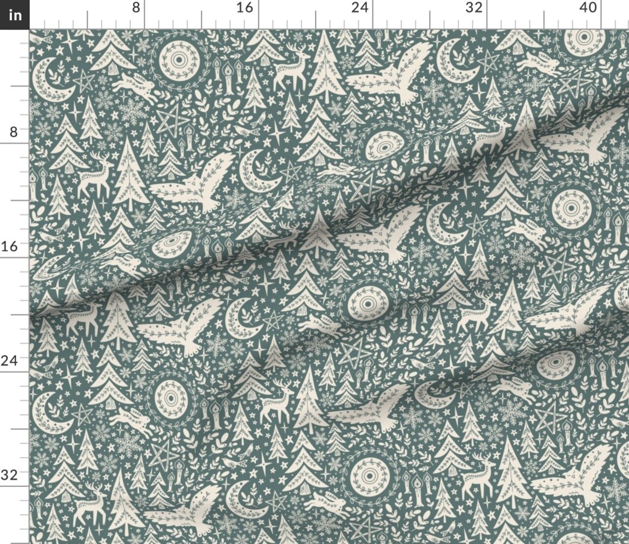 Woodland Animals Scandi Winter Folk Art Scandinavian Winter Solstice Moon Trees Rabbit Star Forest Night Sky Block Print Animals Owl Candle Custom Printed Fabric by Spoonflower Various Fabrics by the Yard or Fat Quarter